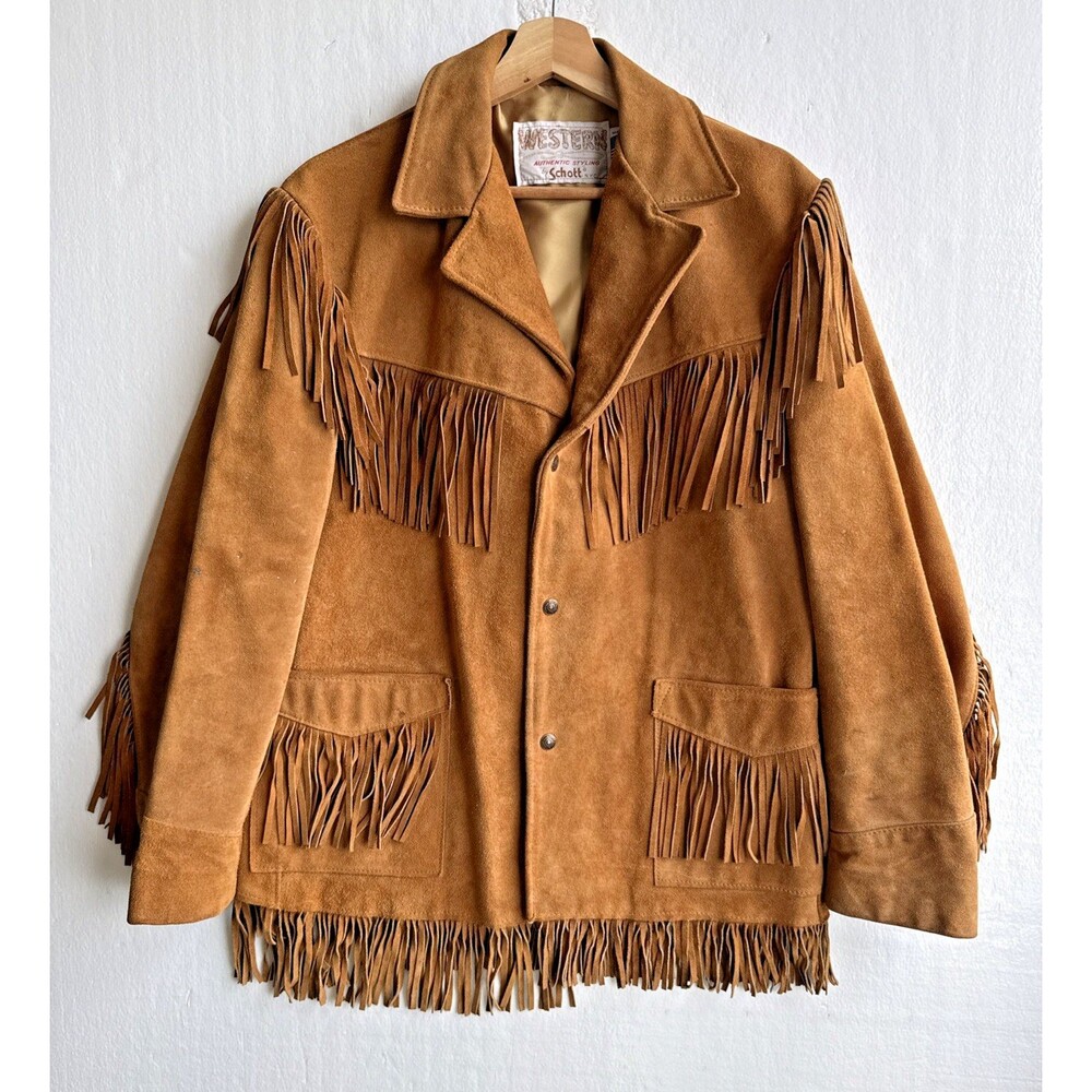 Schott Western Roughout Suede Leather Fringe Men Jacket 42 Rancher Coat VTG 70s